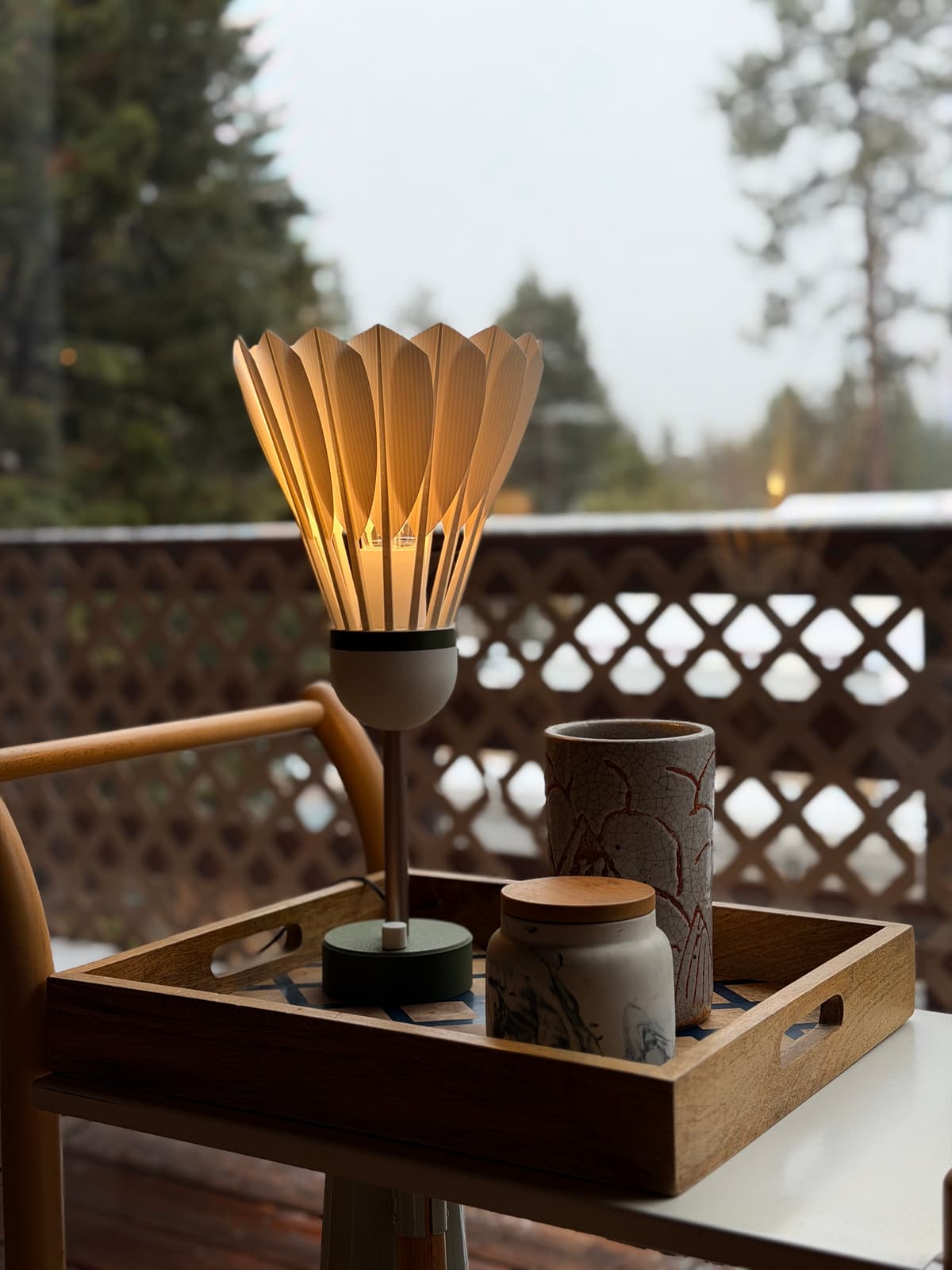 Elena Lamp 3D-printed shuttlecock lamp as a living room centerpiece on bedside table