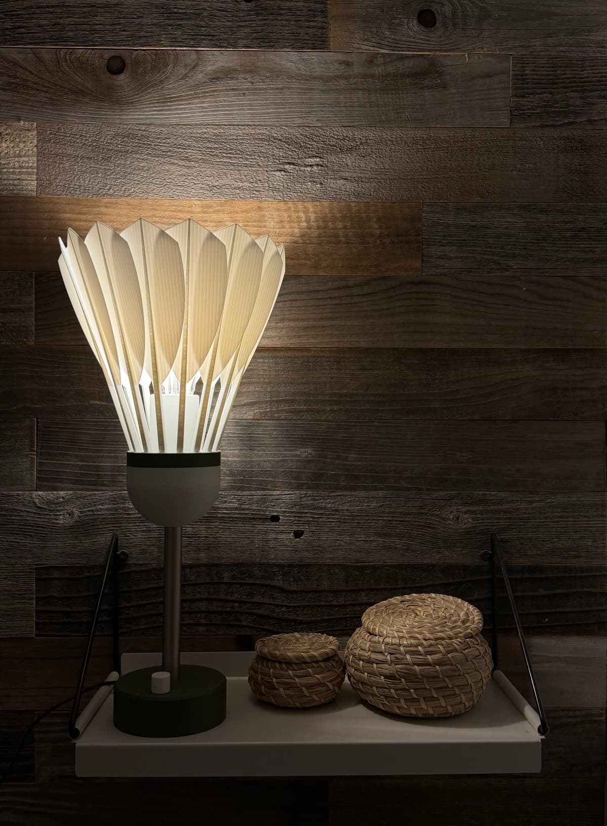 Elena Lamp 16 modular feathers assembled shuttlecock form overhead view